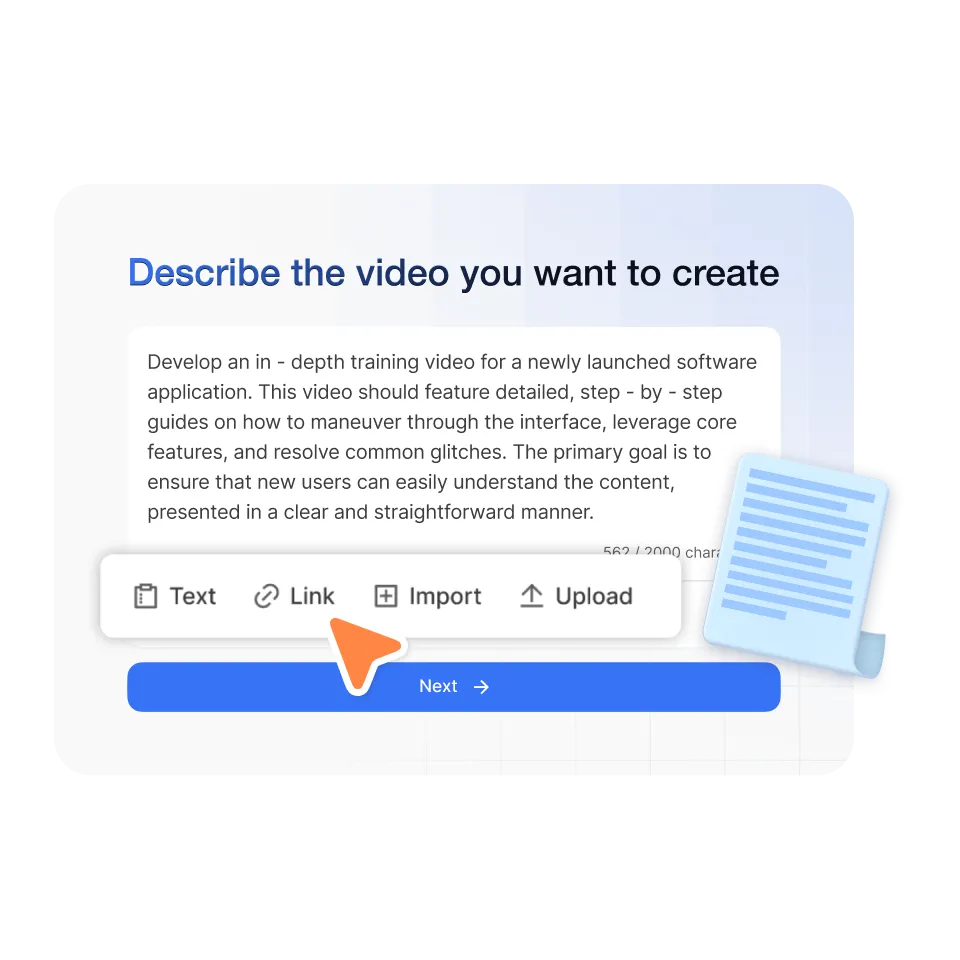 Start a new AI Storyboard Generator project in Visla by clicking Create Video and bringing any input to create a structured storyboard